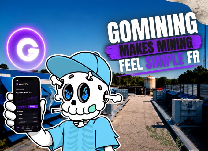 Promotional graphic for 'GOMINING' featuring a cartoon skeleton mascot holding a smartphone app, with the tagline 'MAKES MINING FEEL SIMPLE FR' against an industrial rooftop background.