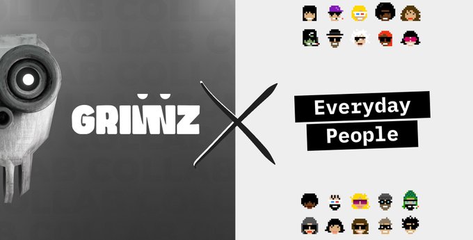The image features a poster with two sections, one black and white and the other white and colorful. The black and white section displays the text "GRINNZ" at the top, while the white and colorful section has various cartoon faces and characters on it. The poster also includes a link to an article about "Everyday People" by @rotter_daniel.