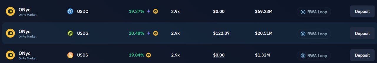 A DeFi lending dashboard listing ONyc markets on OnRe Market with supply/borrow APYs around 19-20% against USDC, USDG, and USDS, with RWA Loop deposit options.