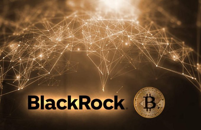 BlackRock logo next to a golden Bitcoin coin against a dark background with glowing orange network/network nodes and connection lines forming a globe shape.