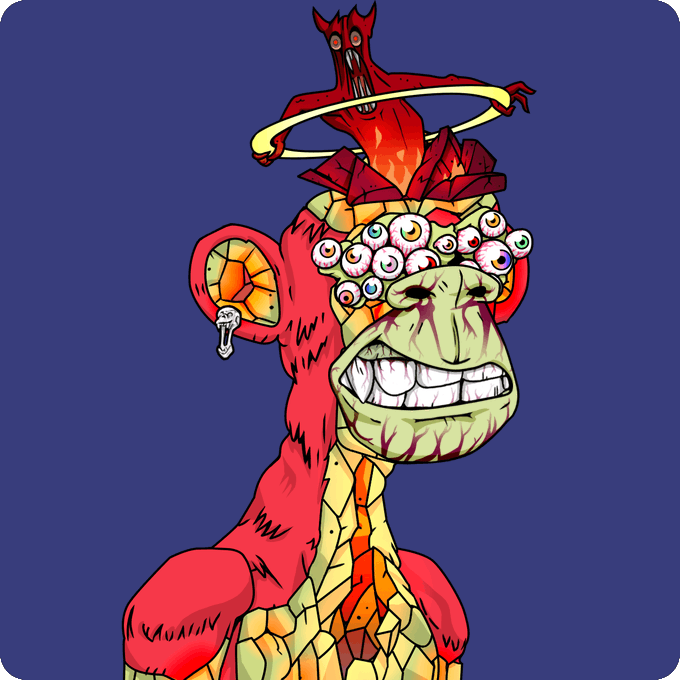 A grotesque cartoon illustration of a monkey-like creature with multiple eyeballs across its face and a small red demonic figure with a halo on top of its head, set against a blue background.