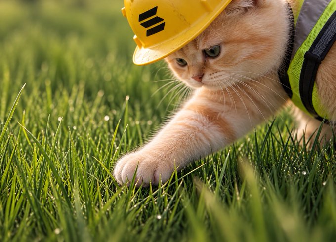 An orange and white cat wearing a yellow hard hat and a yellow safety vest crawls through green grass, reaching its paw forward.