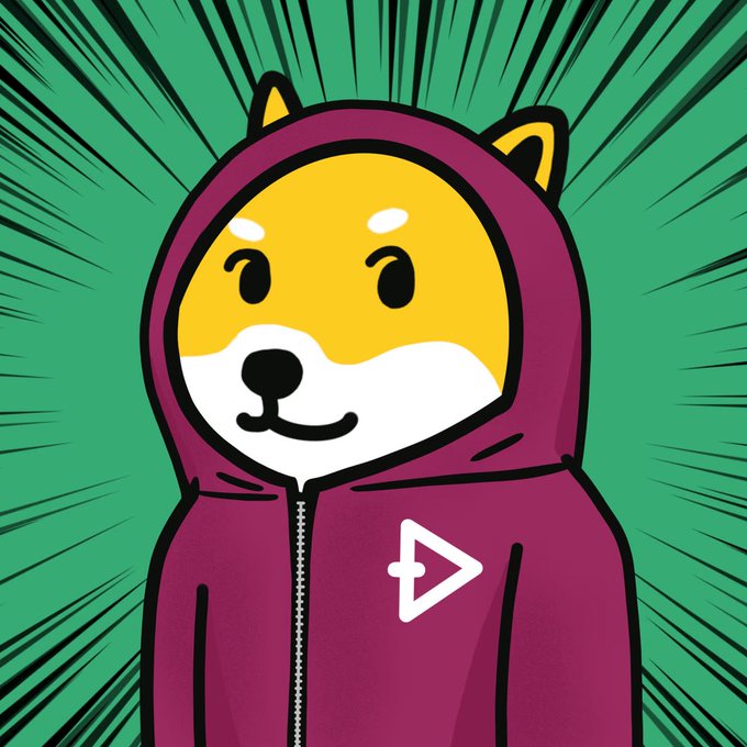 A cartoon illustration of a Shiba Inu dog wearing a purple hoodie with a triangular play button logo, set against a green background with speed lines.