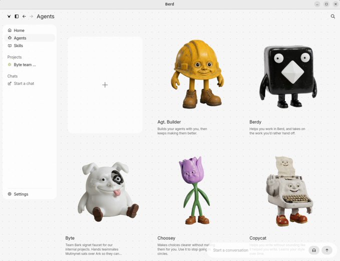 A 'Berd' application interface showing an 'Agents' menu with various AI agent characters displayed in a grid, including 'Agt. Builder' (a hard-hat figure), 'Berdy' (a black winged character), 'Byte' (a dog), 'Choosey' (a purple tulip), and 'Copycat' (a typewriter bear).