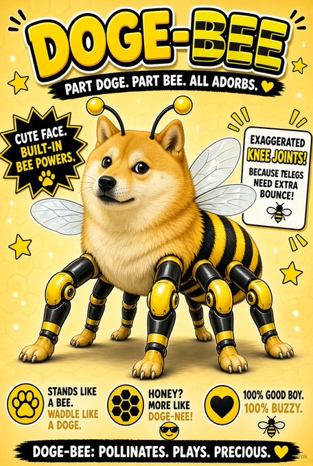 A colorful, cartoon-style advertisement poster for 'DOGE-BEE', a hybrid creature with a cute doge face and bee body with mechanical legs, featuring humorous taglines like 'PART DOGE. PART BEE. ALL ADORBS.'
