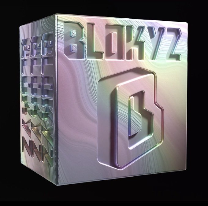 A 3D holographic rendering of a metallic cube with the word 'BLOCK' and a stylized logo engraved on its sides.