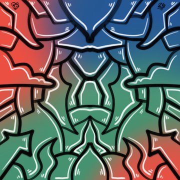 The image displays a lively graphic design featuring a complex pattern of multicolored lines in shades of blue, green, red, and white. The intricate artwork is composed of various shapes and lines that create an abstract yet visually appealing composition. The overall design appears to be hand-drawn or created using a computer program. It is likely intended to evoke curiosity among viewers about the artist's inspiration behind this captivating piece.