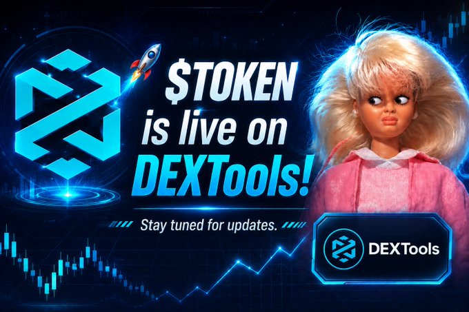A promotional graphic announces '$TOKEN is live on DEXTools!' featuring a logo, a rocket, candlestick charts, and a creepy doll with blonde hair on the right.
