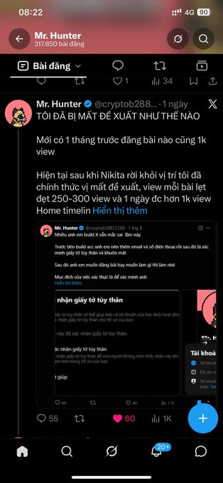 A Twitter/X screenshot from user Mr. Hunter (@cryptob288) discussing an alleged algorithm issue affecting views on a post, which dropped from 1K to 250-300 views.