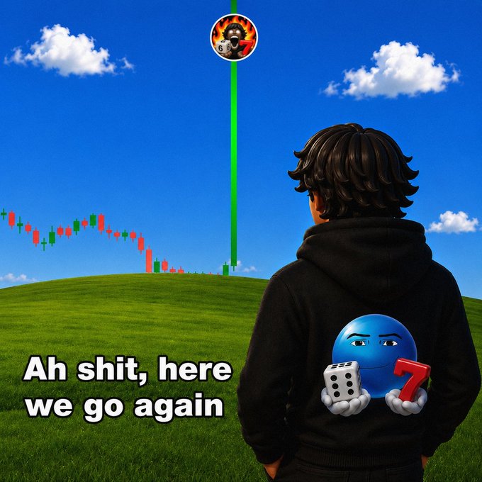 Meme image showing a person in a black hoodie with a blue character and dice/red 7 on the back, looking at a stock chart, with the text 'Ah shit, here we go again'.