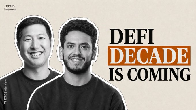 The image is a promotional thumbnail featuring black-and-white cutout portraits of two smiling men against a beige background, with bold text on the right reading "DEFI DECADE IS COMING" (with "DECADE" highlighted in an orange box). The top-left corner displays "THESIS Interview," and the bottom-left includes "THESIS Interview" branding, directly tying to the post about Episode 4 of the Thesis series discussing DeFi and Aave's potential price target.