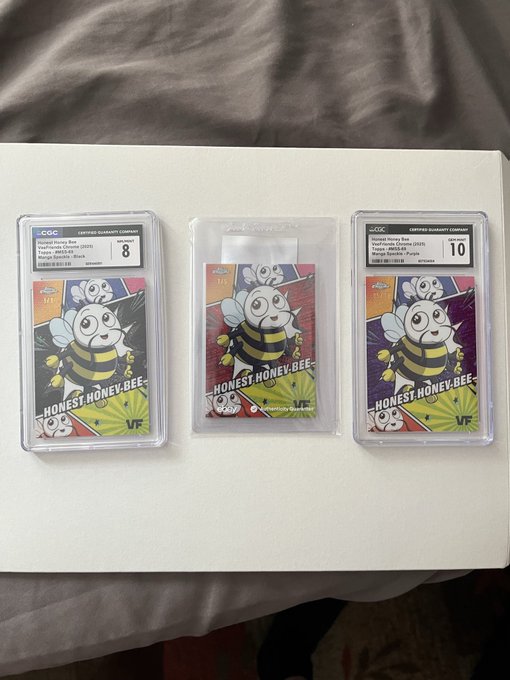 Three graded Pokemon trading cards titled 'Honest Honey Bee' are displayed in protective slabs, with two CGC-graded cards showing scores of 8 and 10, and one ungraded card in the middle, all featuring a cute bee character design.