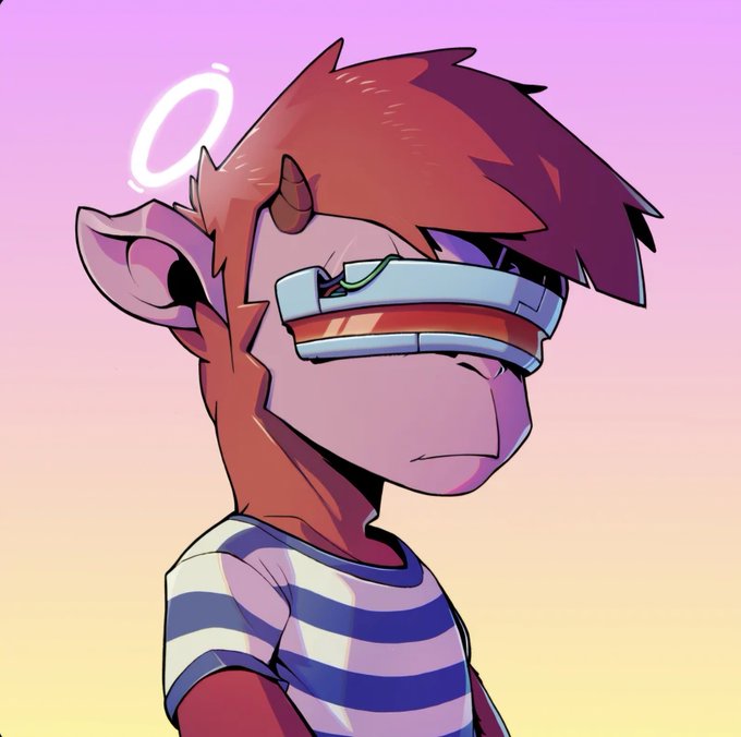 An anime-style illustration of a character with reddish-brown hair, horns, a halo, and futuristic visor sunglasses, wearing a blue and white striped shirt against a pink and yellow gradient background.