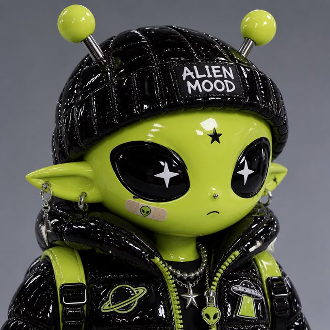A 3D-rendered green alien character with large black starry eyes, wearing a black puffer jacket, a beanie labeled 'ALIEN MOOD,' and alien-themed jewelry including a UFO pendant.
