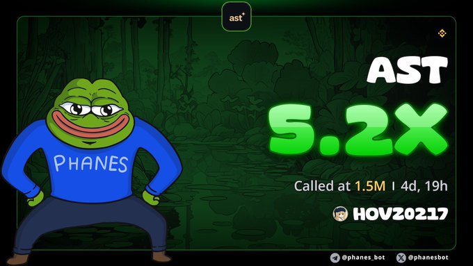 A promotional graphic featuring a Pepe the Frog character wearing a 'PHANES' shirt, advertising 'AST' with '5.2X' returns, 'Called at 1.5M | 4d, 19h', and a Telegram contact '@phanes.bot'.