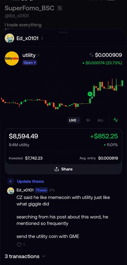 A screenshot of a SuperFomo BSC trading post by @Ed_x0101 highlighting the "utility" token, which has surged +23.73% to $0.000909, with the user's portfolio showing an 11.01% gain and an invested value of $7,742.23. The associated thesis references CZ's comments on memecoins with utility, tying into the "Follow me on FOMO" call to action by showcasing active trading performance.