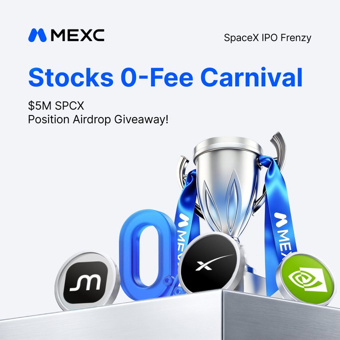 The image features a silver table with several coins placed on it. The coins are silver, blue, and green, and there is also an award-shaped trophy sitting next to them. The text on the image states that "What if your $SPCX position was paid for by MEXC?" This means that someone may have won some type of competition where they were awarded a substantial amount of money for their SPCX positions, and it seems that this information is related to the post about stock options. The post suggests that users can trade stocks with 0 fees under certain conditions, one being that they are paid by a company named MEXC (MEX Coin Exchange), which would make them entitled to receive $5,000,000 in position Airdrops if their positions vest within 9 days of the posting date. The main focus of the image is on these coins and the award trophy sitting next to them, while the underlying post serves as a prompt for further consideration regarding stock options and potentially paying an exchange company to receive dividends instead of participating directly in buying shares.