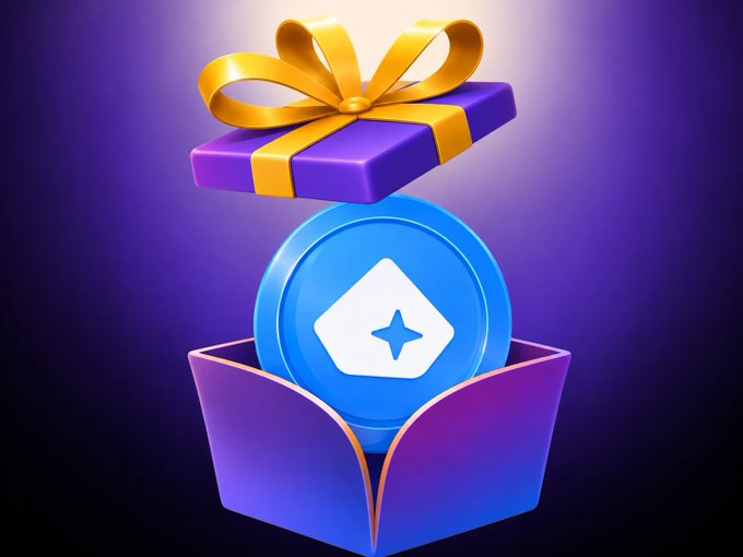 A 3D illustration of a purple gift box opening with a golden ribbon on top, revealing a glowing blue coin or token with a star icon.