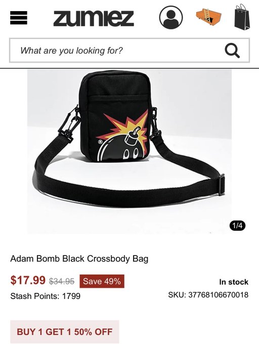 A Zumiez product listing showing an "Adam Bomb Black Crossbody Bag" priced at $17.99 (marked down from $34.95, save 49%), with a Stash Points value of 1799 and SKU: 37768106670018, featuring a "Buy 1 Get 1 50% Off" promotion.