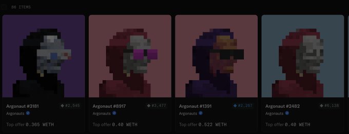 The image shows an NFT marketplace listing displaying four pixelated "Argonaut" cloak NFT items (#3181, #8917, #1391, and #2482) with various WETH offer prices, aligning with the post about sharing Argonaut cloaks after a long break from posting NFTs.