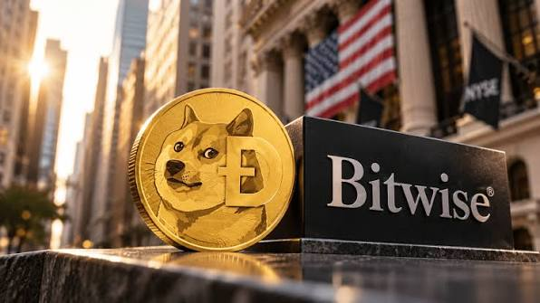A gold Dogecoin coin placed next to a black 'Bitwise' sign on a city street, with the New York Stock Exchange and American flag visible in the background.