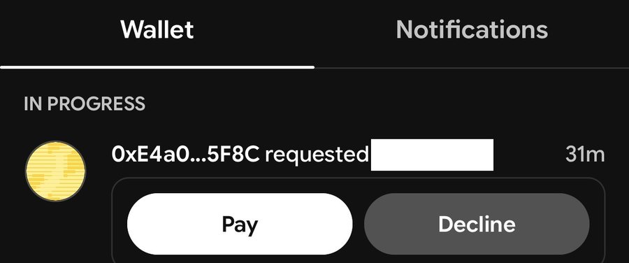 A digital wallet interface screenshot showing a 'Notifications' tab with an 'IN PROGRESS' transaction from address '0xE4a0...5F8C' requesting payment, with 'Pay' and 'Decline' buttons and a 31m timer displayed.