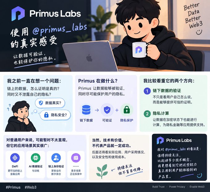 The image is a slide from Primus Labs that visually explains their focus on "Better Data Better Web3," highlighting how they allow on-chain data to be verified while protecting user privacy, featuring illustrated sections on data authenticity, privacy security, and applications like DeFi and AI data validation.

It connects to the post by illustrating the very concern raised about proving on-chain data is real while preserving privacy—the exact question Primus Labs addresses through their verification and privacy-preserving computation technologies.