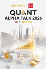 A promotional banner for the Binance x SSI 'Quant Alpha Talk 2026' event, featuring a cityscape and stacked coins with AI and crypto imagery.