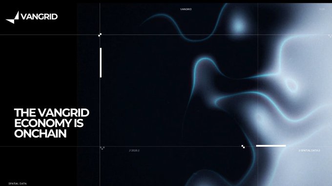 A dark digital banner with flowing light effects features the text 'VANGRID' and 'THE VANGRID ECONOMY IS ONCHAIN'.