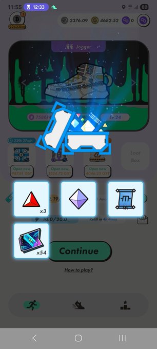 A screenshot of the STEPN mobile app showing a loot box reveal animation with a "Continue" button and icons for a red triangle (x3), purple gem (x19), blueprint (x1), and sneaker card (x54), with the caption celebrating finally receiving a rare shoe after opening around 70 boxes again.