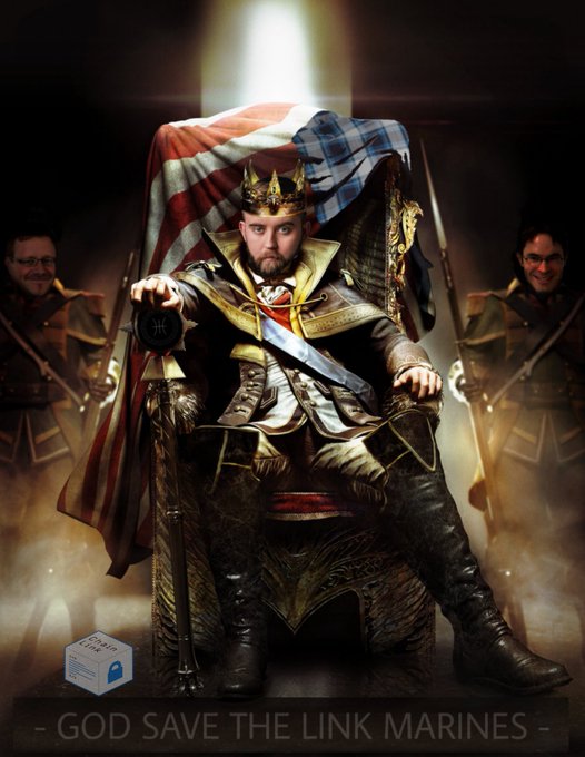 A digital illustration depicting a bearded man in royal armor and a crown sitting on a throne draped with British and Scottish flags, surrounded by soldiers, with the caption "GOD SAVE THE LINK MARINES" at the bottom.