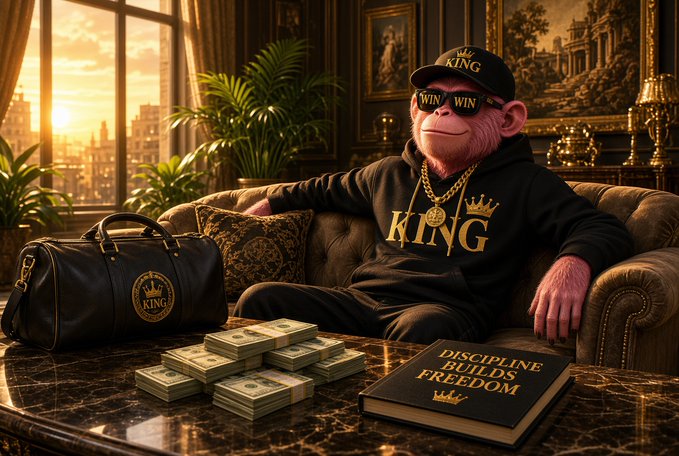 A digital illustration shows a monkey character wearing sunglasses and a black hoodie with gold 'KING' lettering, lounging on a brown leather couch in a luxurious room with stacks of cash, a duffel bag, and a book titled 'DISCIPLINE BUILDS FREEDOM'.