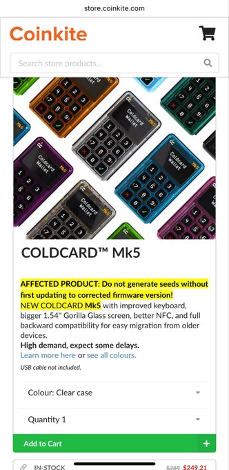 This image shows the COLDcard Mk5 product page on coinkite.com, highlighting a warning about buggy firmware that requires users to update before generating seeds. The accompanying post criticizes the company for continuing sales with the known issue.