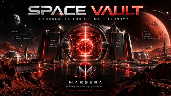 A promotional banner for 'SPACE VAULT - A FOUNDATION FOR THE MARS ECONOMY' by MARSERA, showing a futuristic red-lit facility with a large circular structure and Mars in the background.