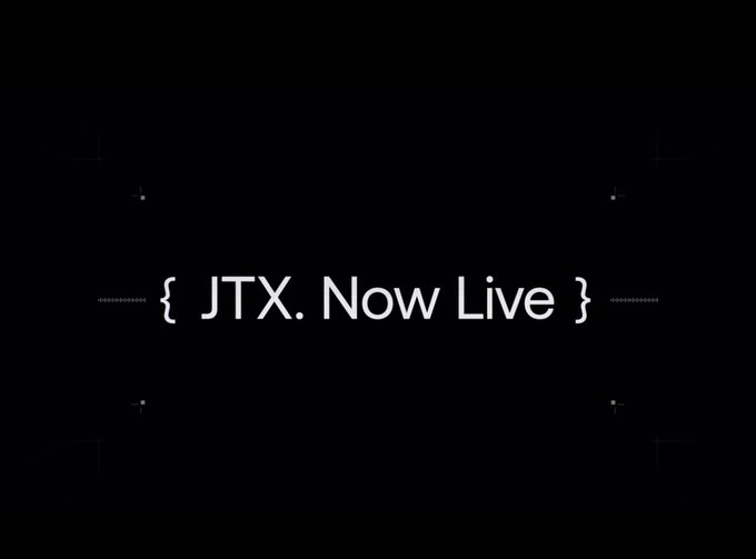 The image displays a black background with the text "{ JTX. Now Live }" in white, serving as a launch announcement graphic for Jito's new trading platform. This aligns with the post introducing JTX as a self-custodial, Solana-native trading platform built by Jito Labs.