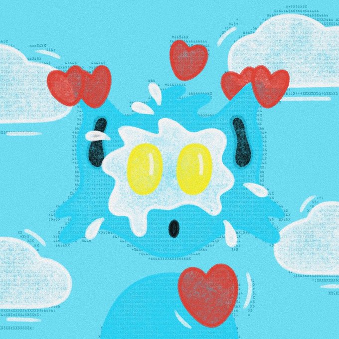 A digital illustration of a blue, cat-like creature with a fried egg on its face surrounded by red hearts and clouds on a textured blue background.