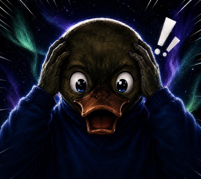 A startled duck character clutches its head in shock against a cosmic background, capturing the viral excitement of a crypto airdrops scheme promising quick wealth by simply posting about a token.