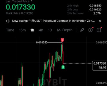A cryptocurrency trading chart on Bybit showing a 24h price action with last traded price at 0.017330 and a new listing announcement for '#RUSDT Perpetual Contract in innovation Zone'.