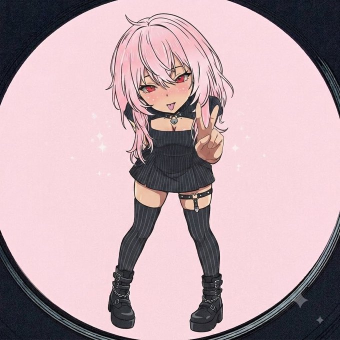 An anime-style illustration depicts a chibi character with pink hair, red eyes, and gothic attire including a black dress, striped thigh-high stockings, and platform boots, making a peace sign.