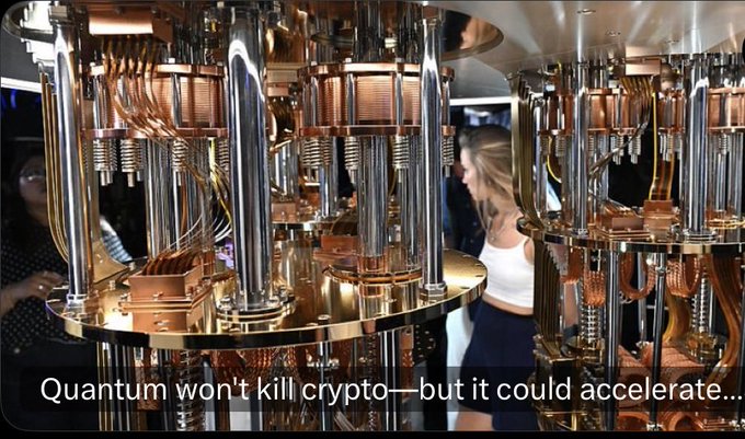 A sophisticated quantum computer with copper and chrome components is on display, while a person views it in the background. The caption reads "Quantum won't kill crypto—but it could accelerate...", which pairs with the post's concern that AI may accelerate cryptographic cracking, suggesting a complementary technological threat to encryption.