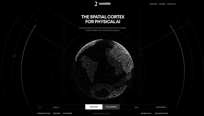 A dark website homepage for 'VANGRID' featuring a 3D globe made of particles and the headline 'THE SPATIAL CORTEX FOR PHYSICAL AI' with the description 'Sovereign data rail for real-time ground truth, enabling world models and autonomous systems.'
