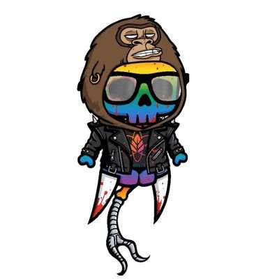 A cartoon character with a skull face, rainbow-colored dripping features, and a gorilla head as a hood, wearing a black leather jacket and metallic tentacle-like legs.