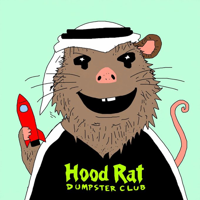 A cartoon illustration of a smiling brown rat wearing a black and white sailor hat and a black shirt, holding a red toy rocket, with the text 'Hood Rat Dumpster Club' displayed in green on its shirt.