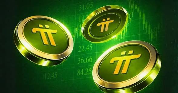 Three golden Pi cryptocurrency coins floating against a green background with stock chart numbers like 22.45, 36.66, and 84.25 visible.
