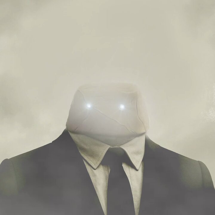 The image features a man dressed in a suit, with his face obscured by a white cloth or mask that covers most of his head. The background appears to be a cloudy sky, which contrasts with the man's attire and adds an air of mystery to the scene. The caption provided seems unrelated to the main subject matter but is included for completeness.