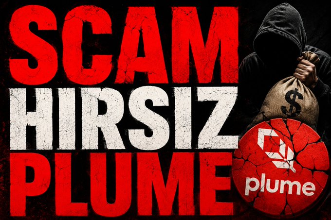 The image features a red circle with white text that reads "Scam Hirisiz Plume" written in black letters, surrounded by a red border. Below this, there's an illustration of a person holding a bag filled with money. The background is dark and blurred, making it difficult to see the details beyond the central focus on the red circle and its accompanying text.