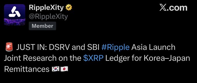 A tweet from RippleXity (@RippleXity) announcing that DSRV and SBI have launched joint research on the XRP Ledger for Korea-Japan remittances under the #Ripple Asia initiative, referencing $XRP. While the accompanying post highlights Hong Kong's OSL exchange launching XRP/USD trading, the image itself focuses on a separate Asia-focused Ripple partnership rather than the Hong Kong developments mentioned in the caption.