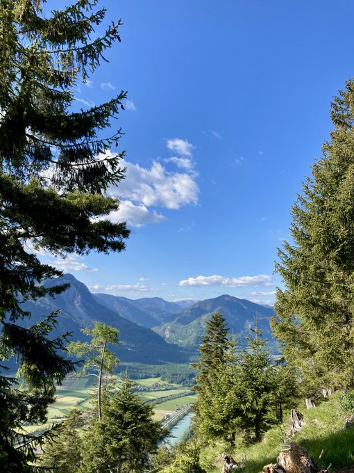 A scenic mountain landscape view framed by evergreen trees, showing a green valley with a river flowing through it under a blue sky with scattered clouds.
