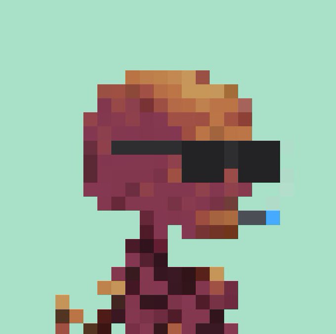 A pixel art illustration of a red/orange character wearing dark sunglasses and smoking a blue cigarette against a pale green background.