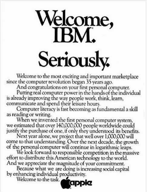 The famous 1981 Apple 'Welcome, IBM. Seriously.' advertisement, a full-page print ad welcoming IBM to the personal computer market with Apple's logo at the bottom.